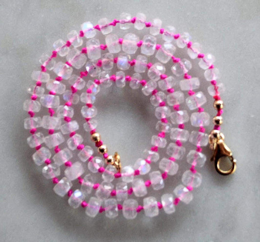 AAA Rainbow Moonstone Knotted Necklace on Fuchsia Silk. Gold Filled Lobster Clasp and Beads. 18" Long