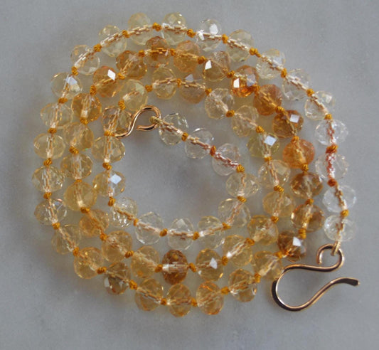Sparkly High Grade 7mm Faceted Citrine Gemstones Hand Knotted on Gold Silk.  Hand Forged Gold-Filled Hook and Eye Clasp