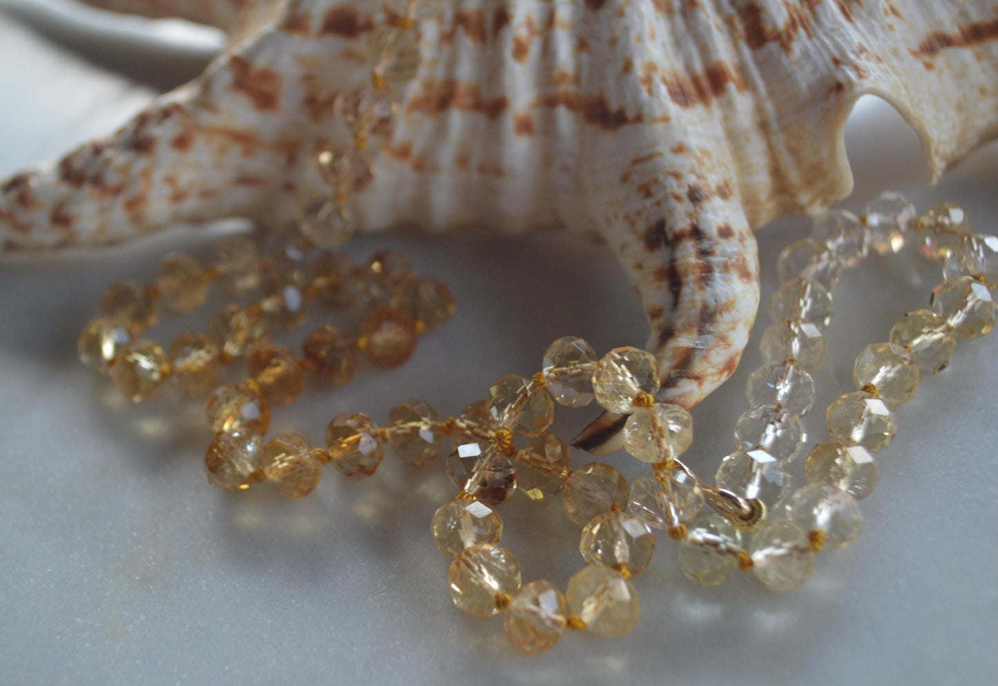Sparkly High Grade 7mm Faceted Citrine Gemstones Hand Knotted on Gold Silk.  Hand Forged Gold-Filled Hook and Eye Clasp