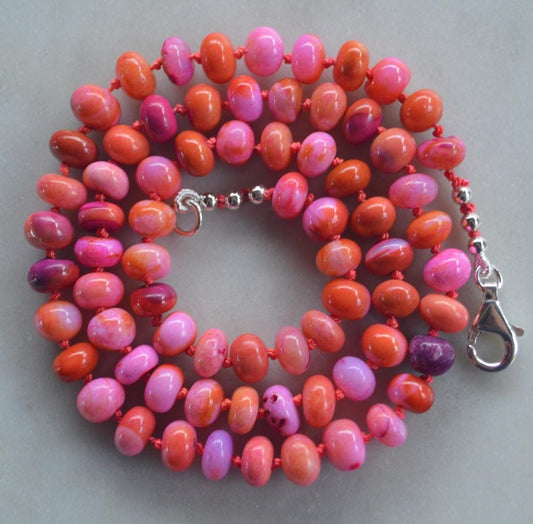 Pink and Orange Opal Rondelle (7-8 mm) Necklace Hand Knotted on Coral Silk. Sterling Lobster Clasp and Beads   18-21”