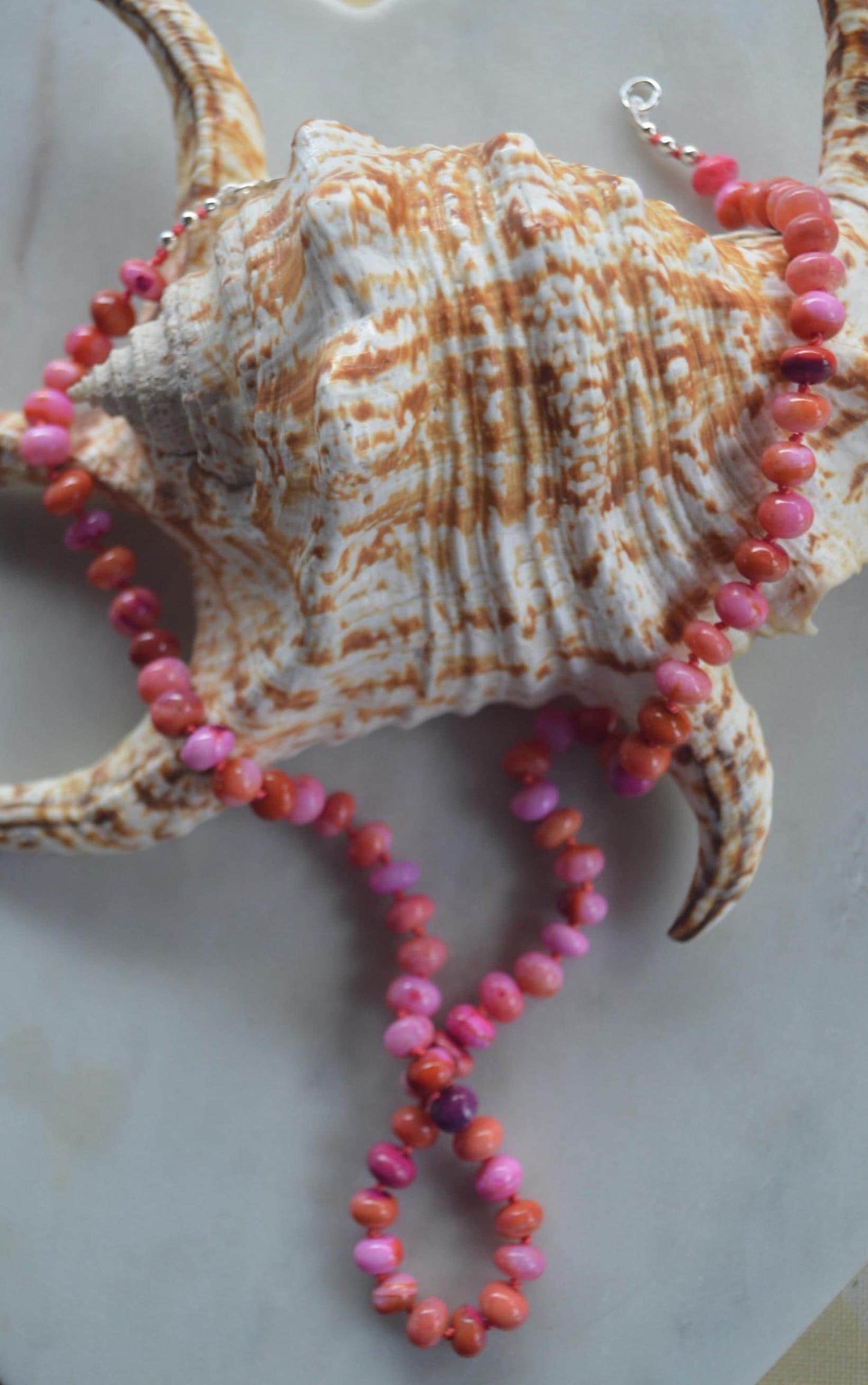 Pink and Orange Opal Rondelle (7-8 mm) Necklace Hand Knotted on Coral Silk. Sterling Lobster Clasp and Beads   18-21”