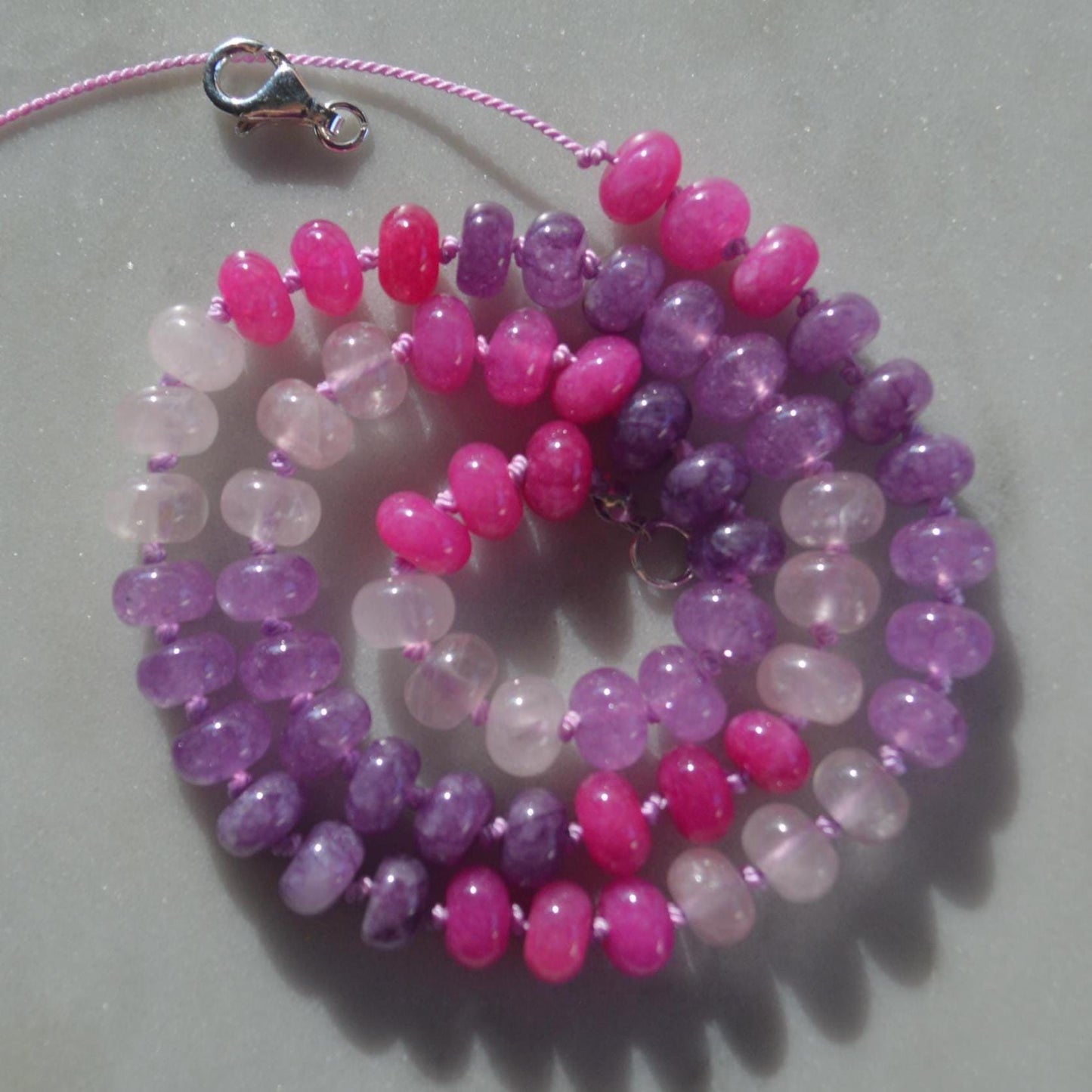 Colorful Purple, Lavender, Hot Pink and Rose Quartz Hand Knotted Necklace on Custom Amethyst Silk. Sterling Silver Clasp. Choose 18" to 22"