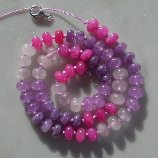 Colorful Purple, Lavender, Hot Pink and Rose Quartz Hand Knotted Necklace on Custom Amethyst Silk. Sterling Silver Clasp. Choose 18" to 22"