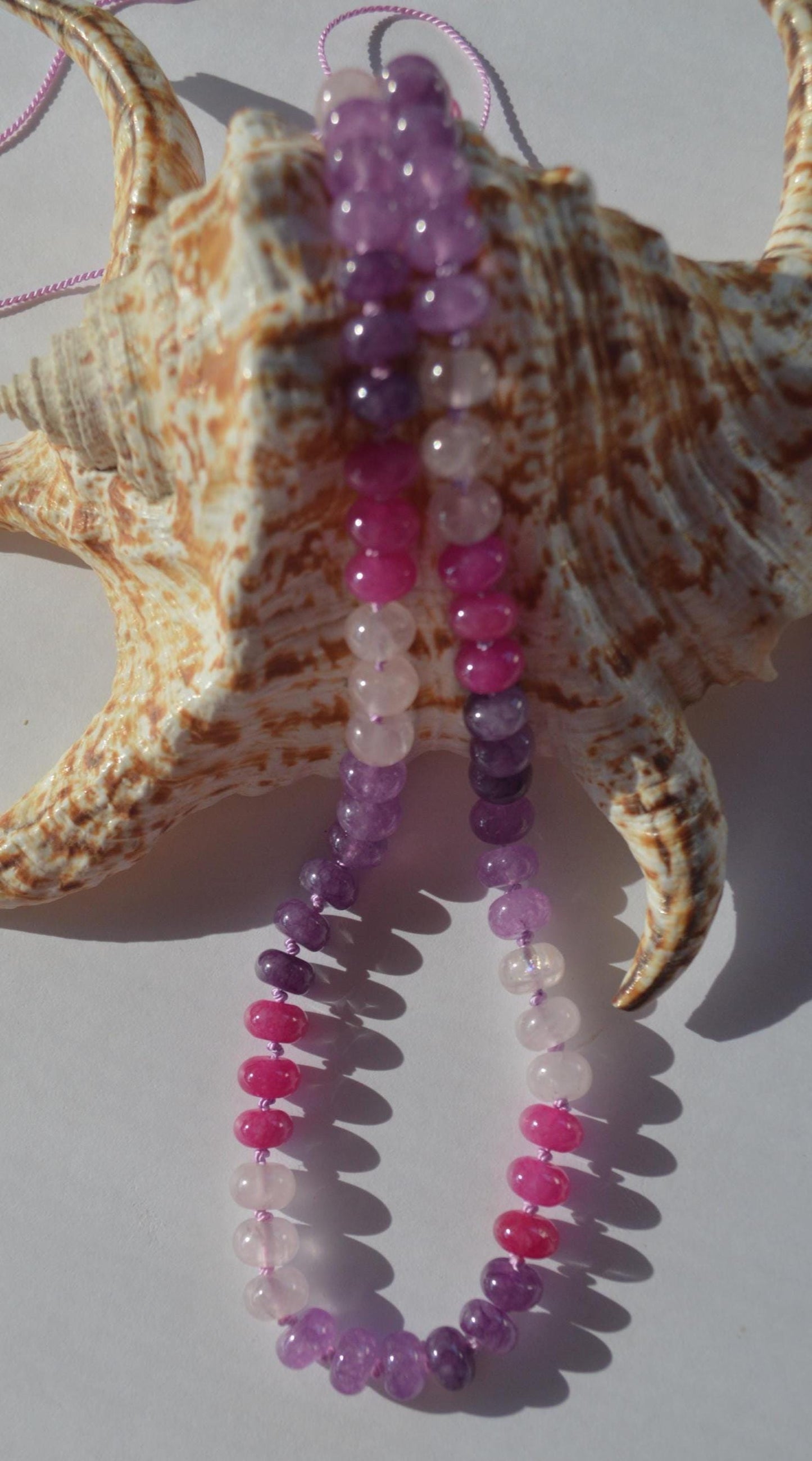 Colorful Purple, Lavender, Hot Pink and Rose Quartz Hand Knotted Necklace on Custom Amethyst Silk. Sterling Silver Clasp. Choose 18" to 22"