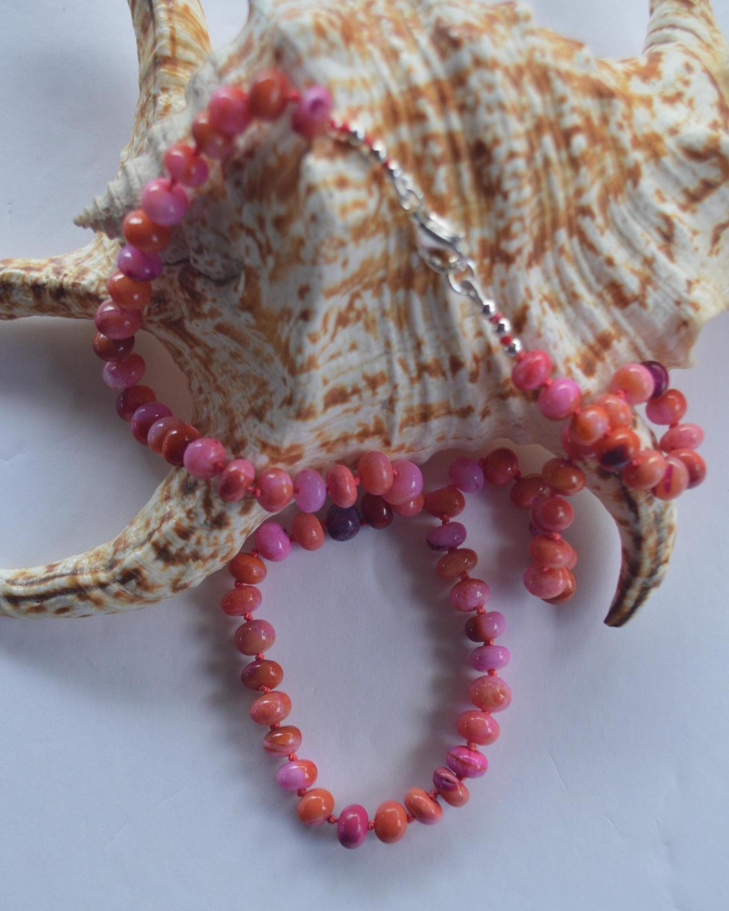 Pink and Orange Opal Rondelle (7-8 mm) Necklace Hand Knotted on Coral Silk. Sterling Lobster Clasp and Beads   18-21”