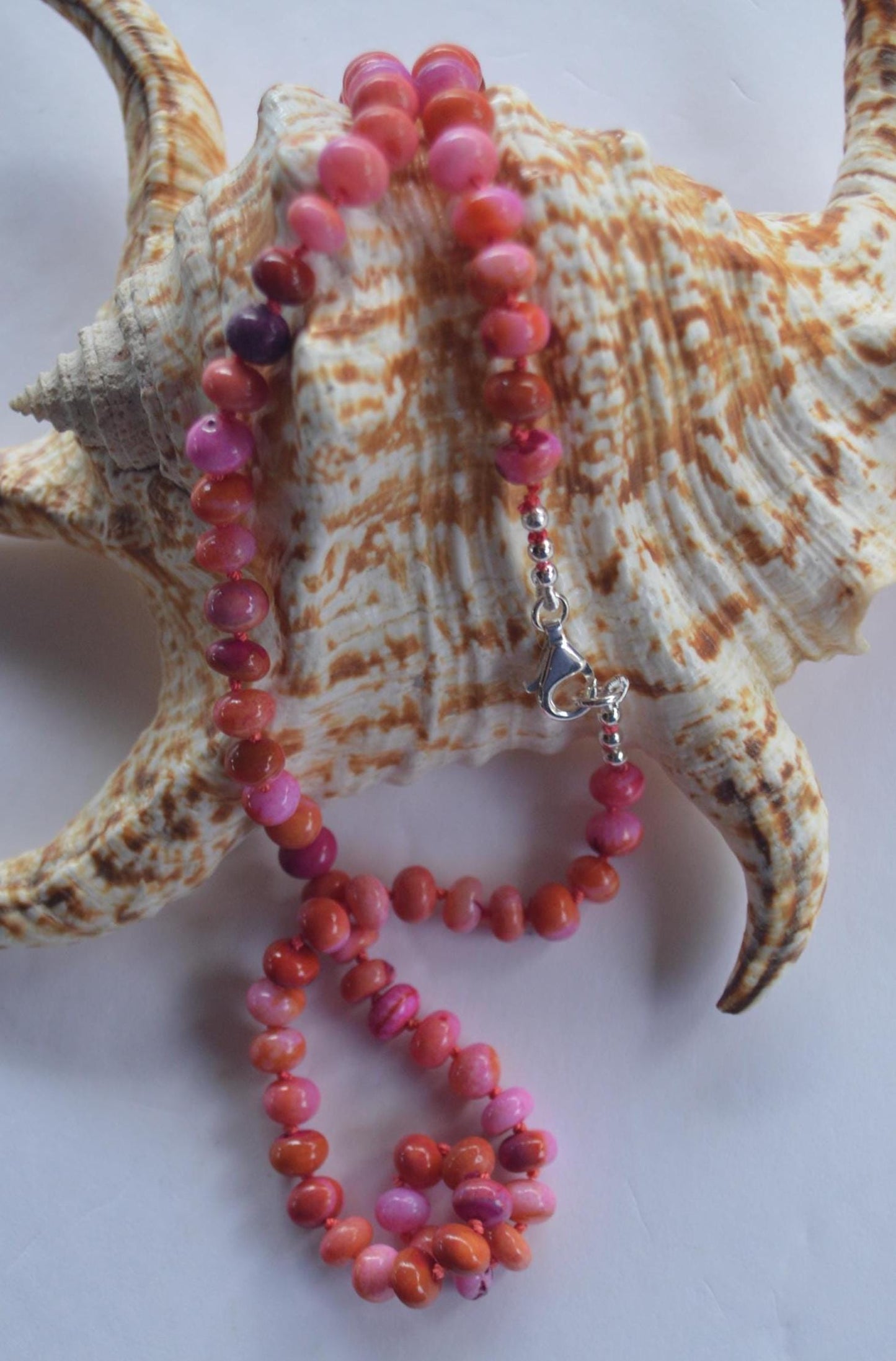 Pink and Orange Opal Rondelle (7-8 mm) Necklace Hand Knotted on Coral Silk. Sterling Lobster Clasp and Beads   18-21”