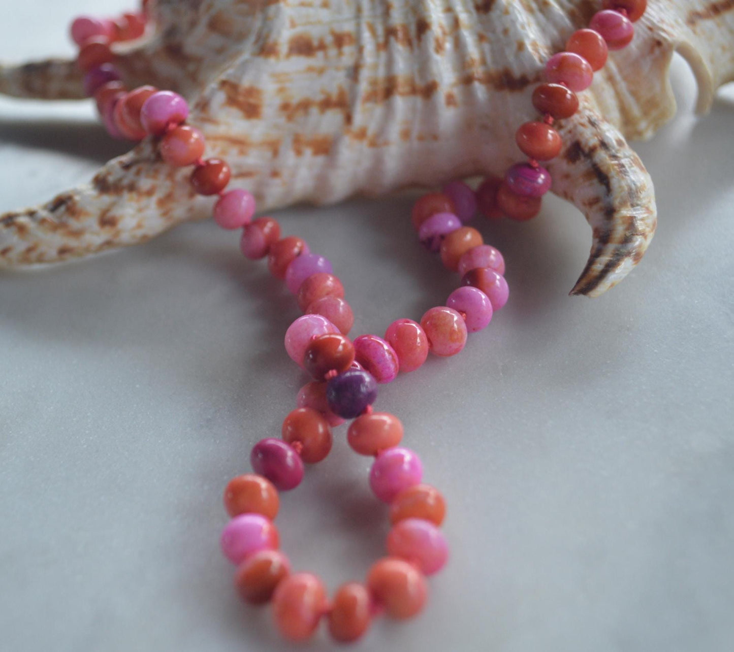 Pink and Orange Opal Rondelle (7-8 mm) Necklace Hand Knotted on Coral Silk. Sterling Lobster Clasp and Beads   18-21”