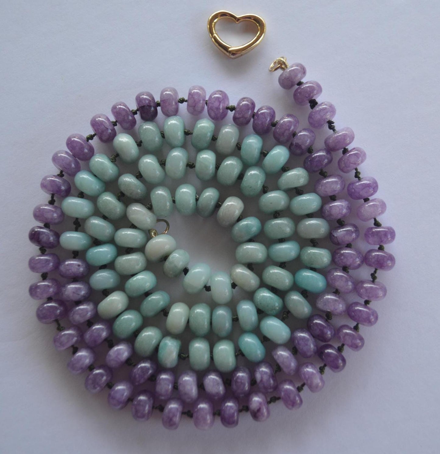 Luxe and Long 33" Green Amazonite and Purple Quartz Rondelle Gemstones Hand Knotted on Dark Green Silk. Removable Charms. Choose Your Charm
