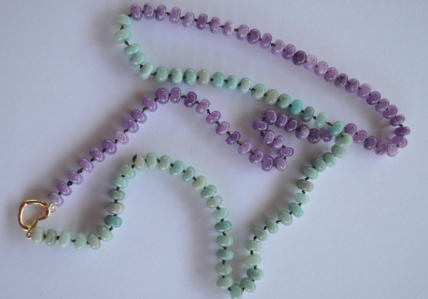 Luxe and Long 33" Green Amazonite and Purple Quartz Rondelle Gemstones Hand Knotted on Dark Green Silk. Removable Charms. Choose Your Charm