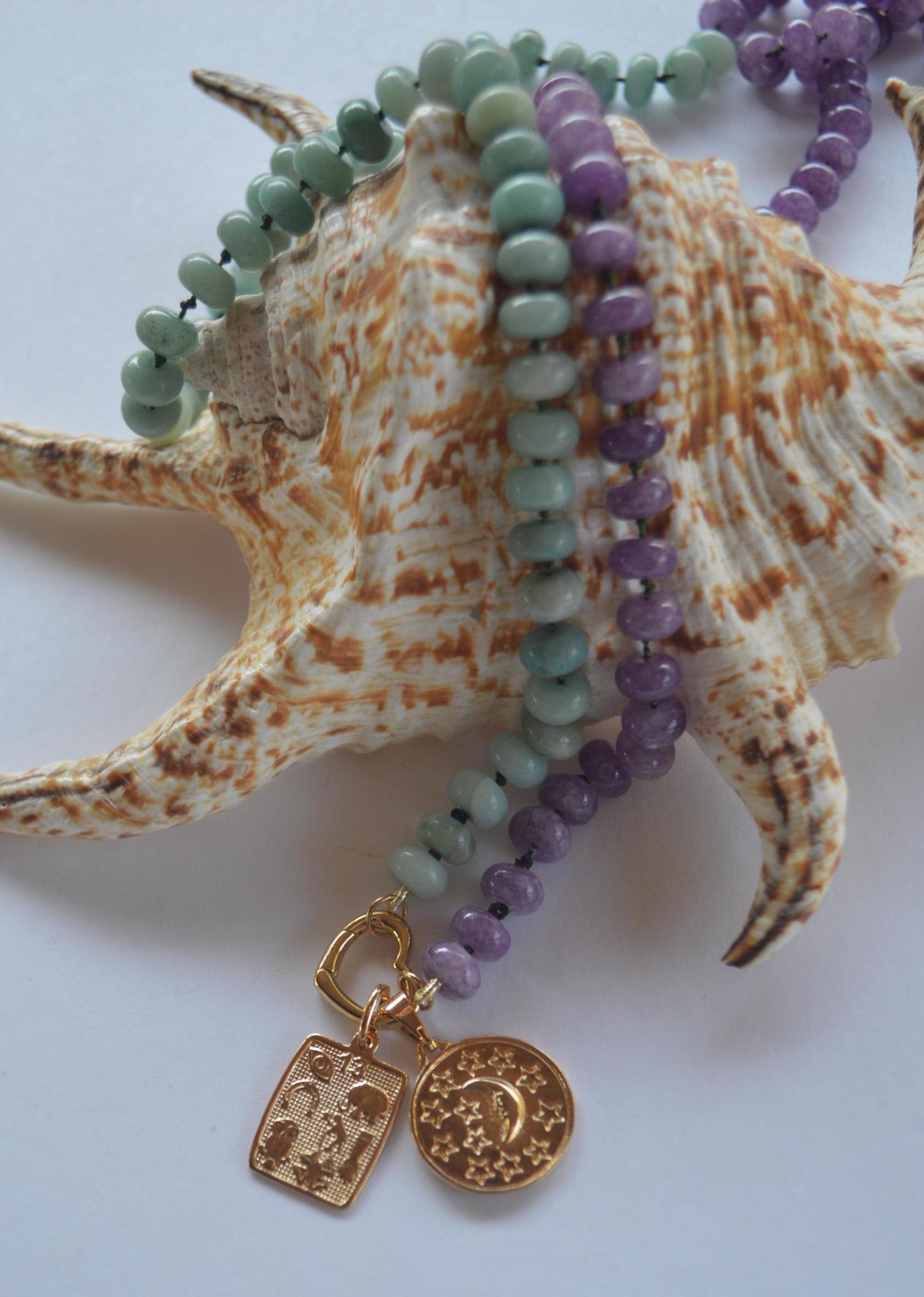 Luxe and Long 33" Green Amazonite and Purple Quartz Rondelle Gemstones Hand Knotted on Dark Green Silk. Removable Charms. Choose Your Charm