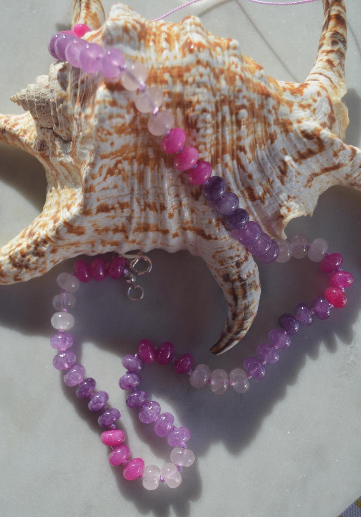 Colorful Purple, Lavender, Hot Pink and Rose Quartz Hand Knotted Necklace on Custom Amethyst Silk. Sterling Silver Clasp. Choose 18" to 22"