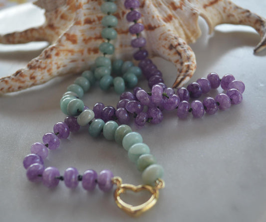 Luxe and Long 33" Green Amazonite and Purple Quartz Rondelle Gemstones Hand Knotted on Dark Green Silk. Removable Charms. Choose Your Charm