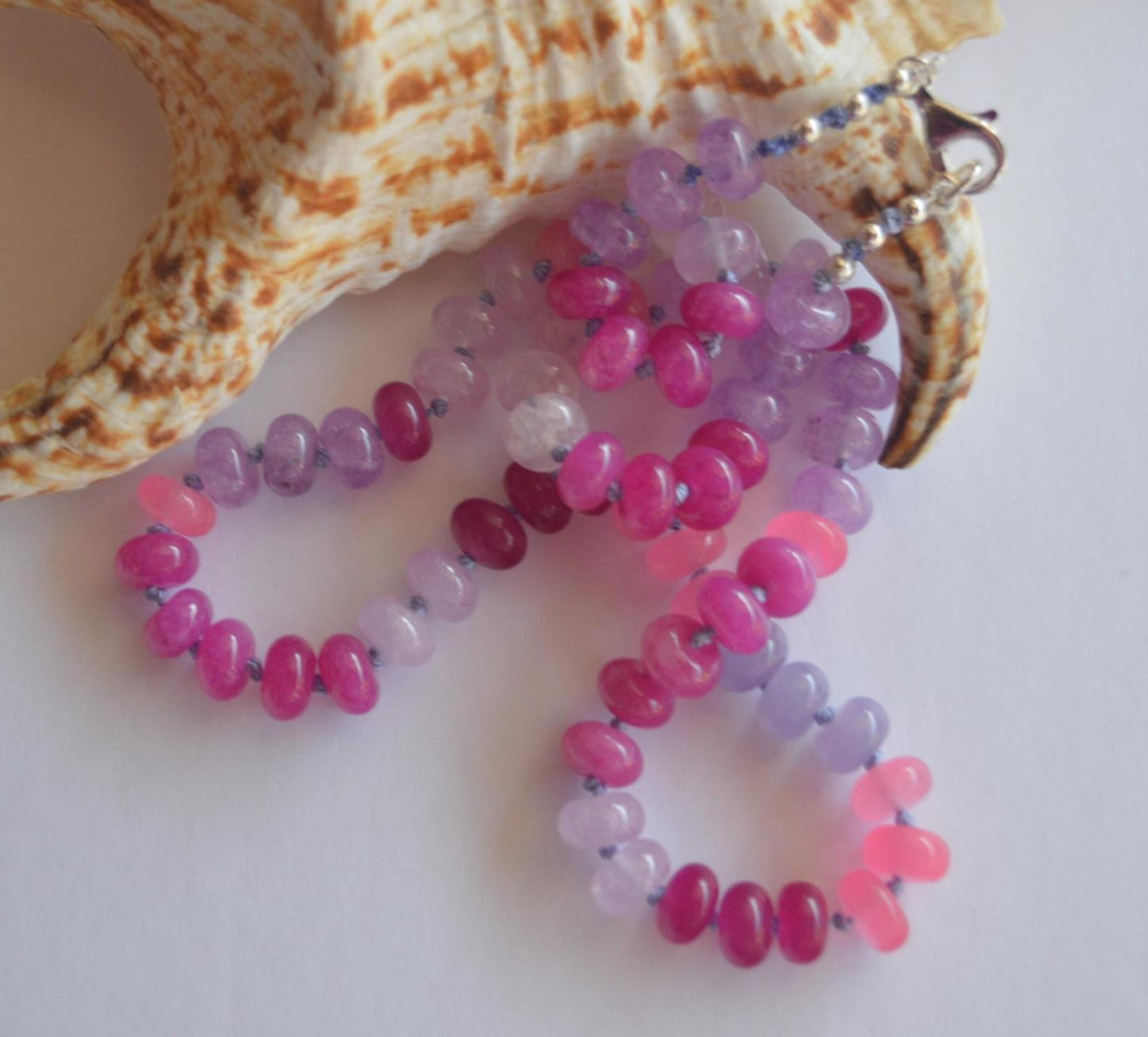 Pink, lavender and Grapefruit Colored Quartz Rondelle Gemstones Hand Knotted on Lavender Silk. 19.5" Long Sterling Silver Lobster Clasp
