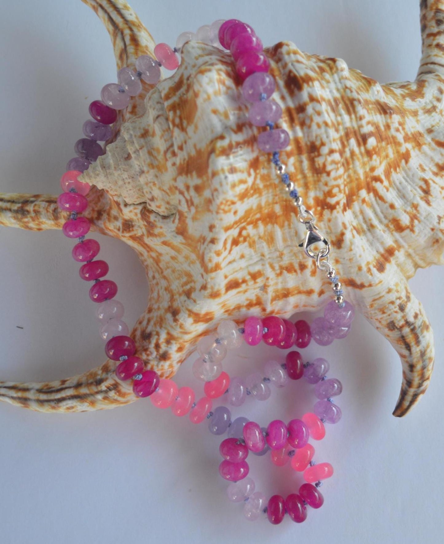Pink, lavender and Grapefruit Colored Quartz Rondelle Gemstones Hand Knotted on Lavender Silk. 19.5" Long Sterling Silver Lobster Clasp