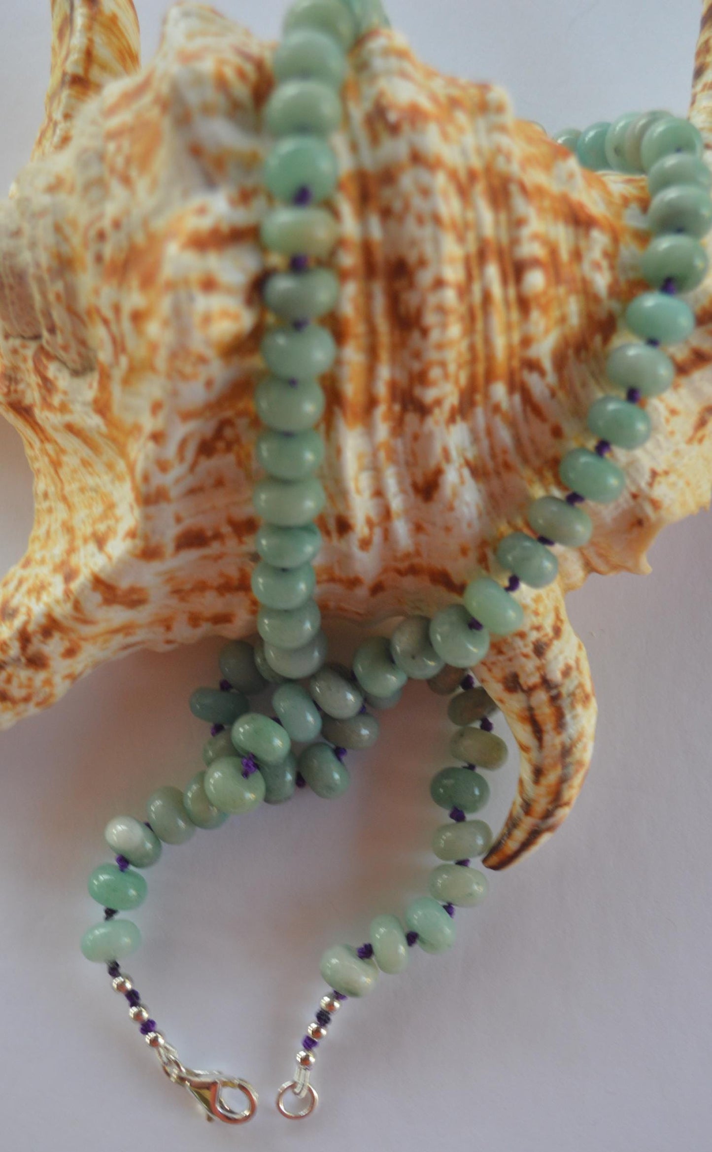 Beautiful 20" Green Amazonite Smooth Rondelle Gemstones Hand Knotted on Dark Purple Silk and Finished with a Sterling Lobster Clasp
