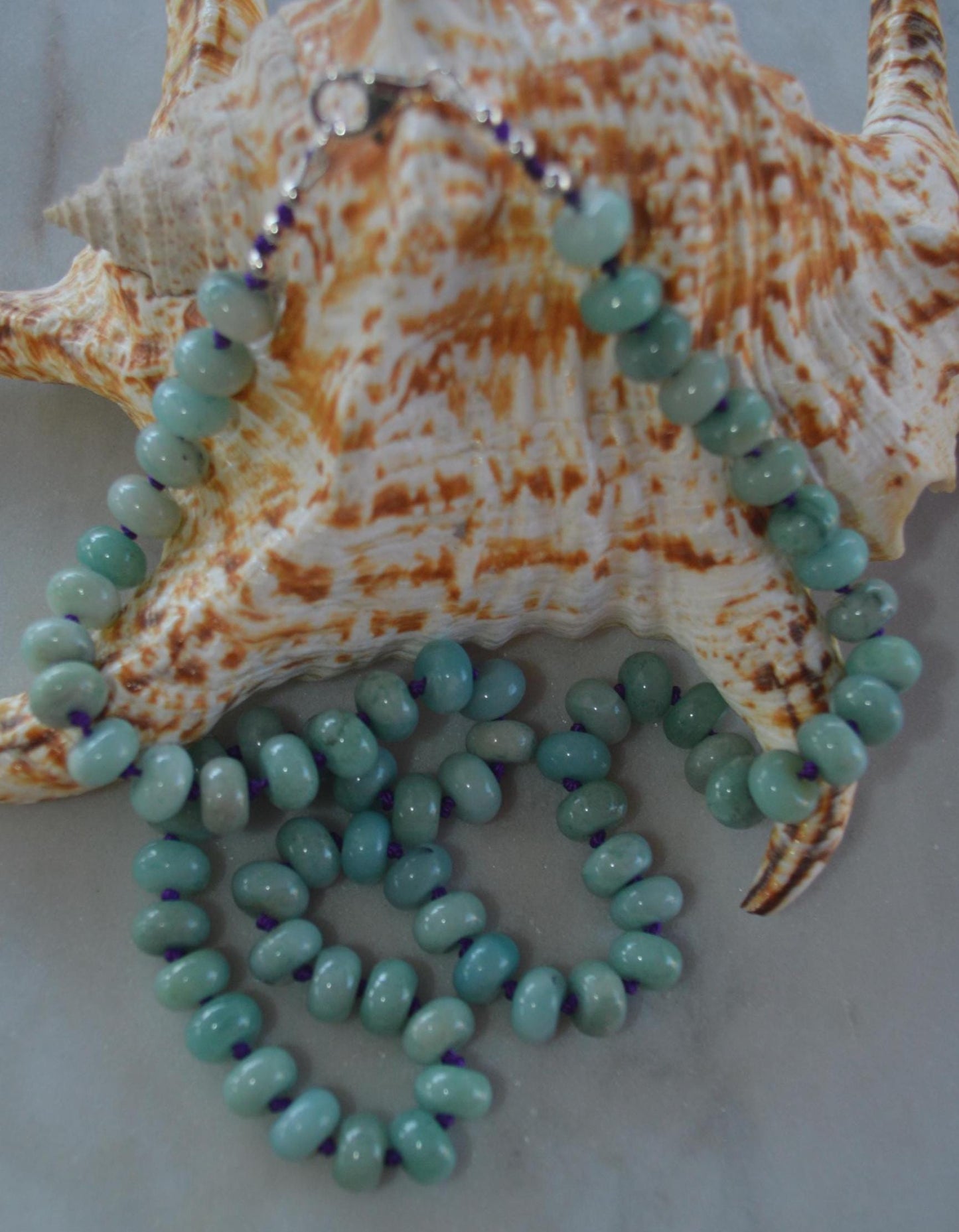 Beautiful 20" Green Amazonite Smooth Rondelle Gemstones Hand Knotted on Dark Purple Silk and Finished with a Sterling Lobster Clasp