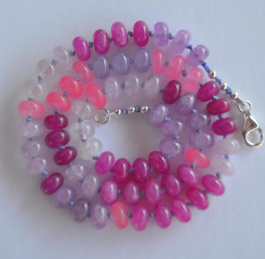 Pink, lavender and Grapefruit Colored Quartz Rondelle Gemstones Hand Knotted on Lavender Silk. 19.5" Long Sterling Silver Lobster Clasp