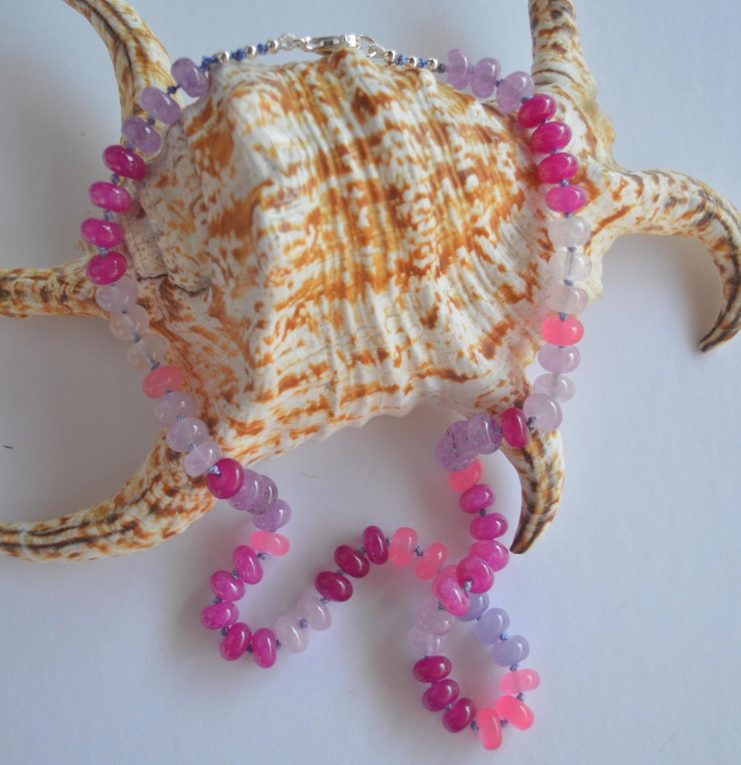 Pink, lavender and Grapefruit Colored Quartz Rondelle Gemstones Hand Knotted on Lavender Silk. 19.5" Long Sterling Silver Lobster Clasp