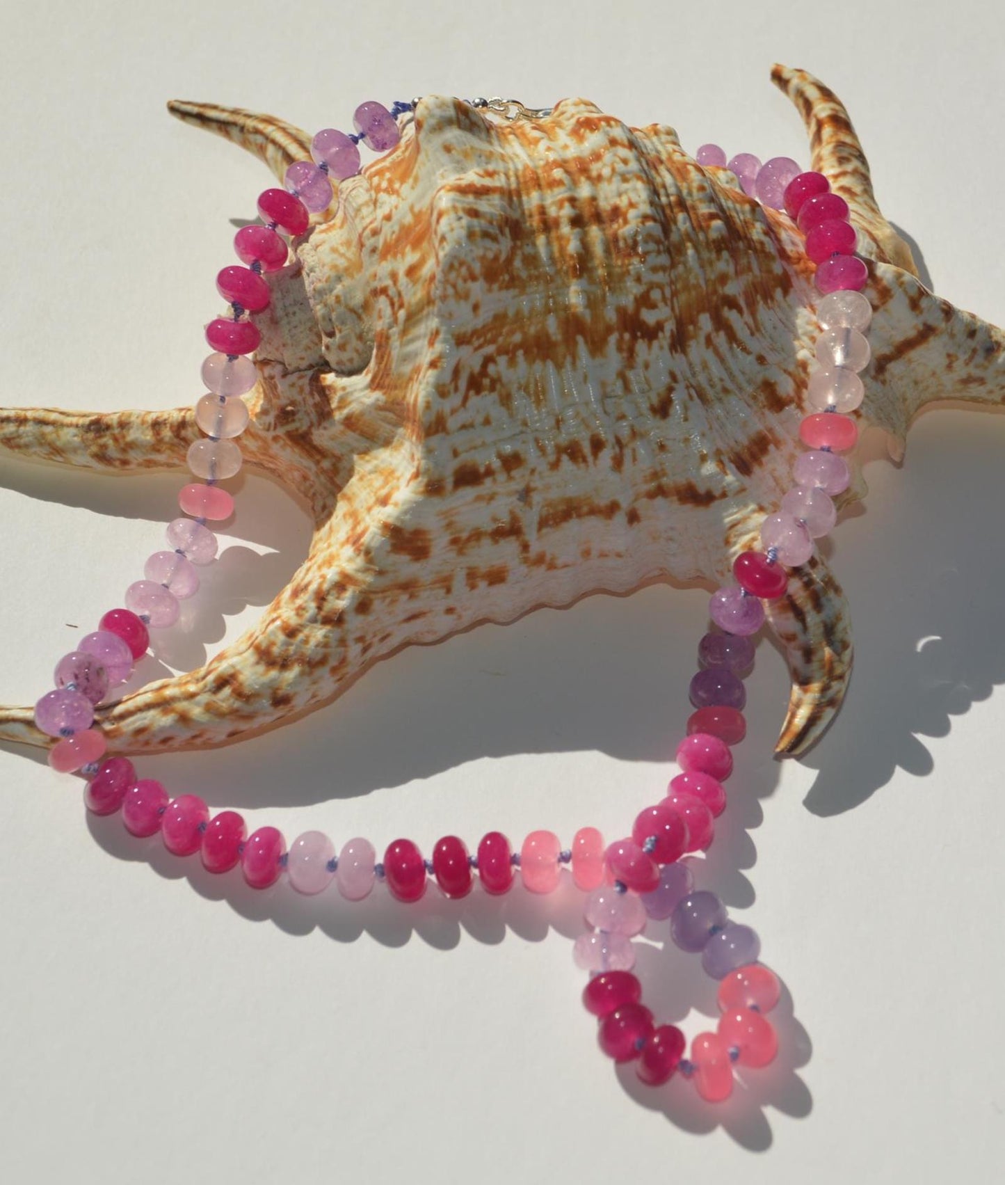 Pink, lavender and Grapefruit Colored Quartz Rondelle Gemstones Hand Knotted on Lavender Silk. 19.5" Long Sterling Silver Lobster Clasp