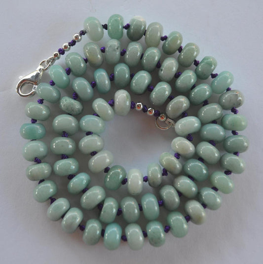 Beautiful 20" Green Amazonite Smooth Rondelle Gemstones Hand Knotted on Dark Purple Silk and Finished with a Sterling Lobster Clasp