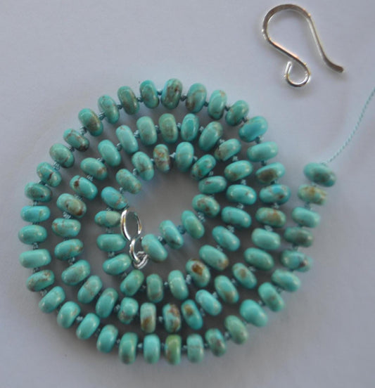Kingman Turquoise Hand Knotted Necklace on Silk Thread.  7-8mm Smooth Rondelle Beads. Hand Forged Sterling Silver Hook and Eye Clasp. 19-21"
