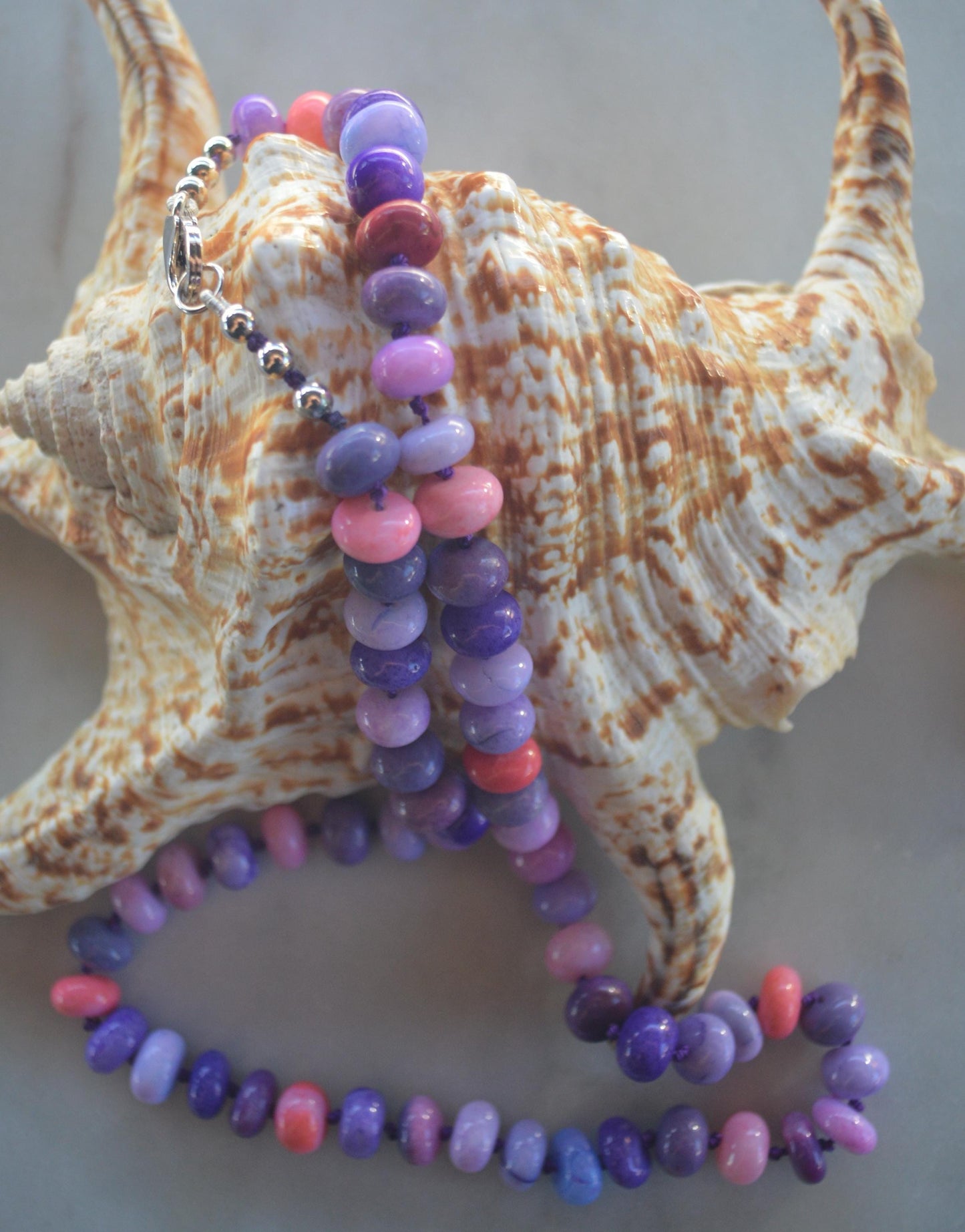 20" Purple, Lavender, Pink and Orange Opal Rondelle Gems Hand Knotted On Dark Purple Silk