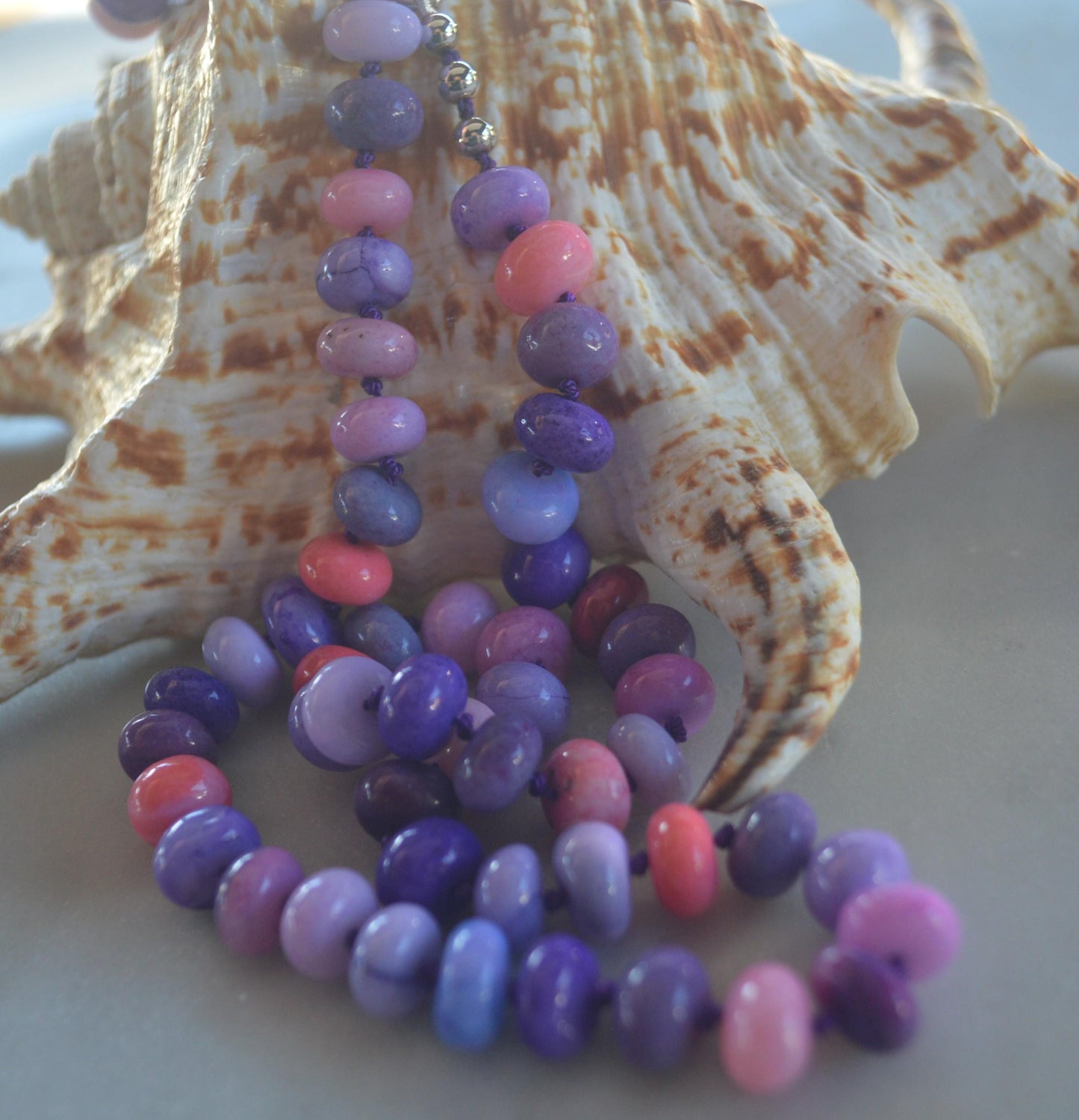20" Purple, Lavender, Pink and Orange Opal Rondelle Gems Hand Knotted On Dark Purple Silk