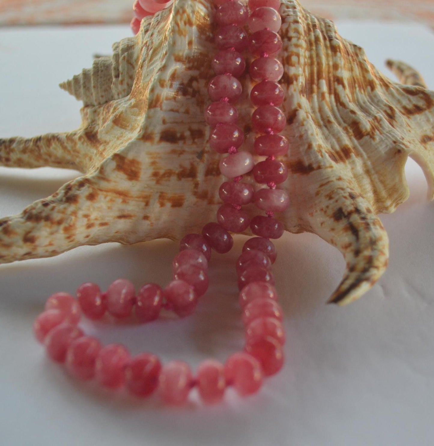 Grapefruit Quartz Smooth Rondelle Gemstones Hand Knotted on Custom Grapefruit Colored Silk. Sterling Lobster Clasp