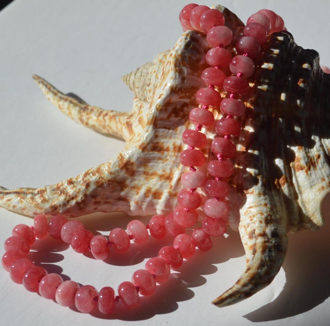 Grapefruit Quartz Smooth Rondelle Gemstones Hand Knotted on Custom Grapefruit Colored Silk. Sterling Lobster Clasp