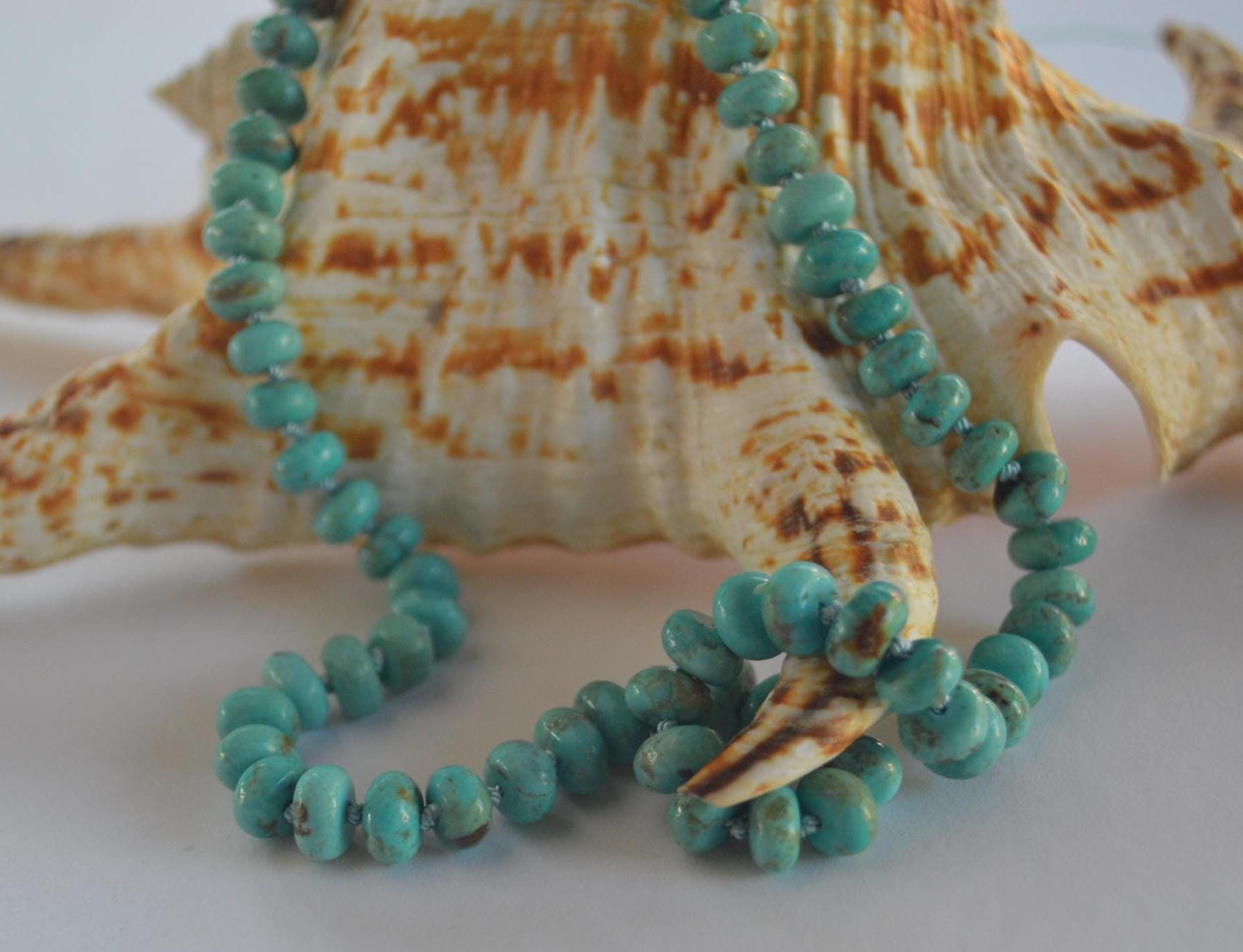 Kingman Turquoise Hand Knotted Necklace on Silk Thread.  7-8mm Smooth Rondelle Beads. Hand Forged Sterling Silver Hook and Eye Clasp. 19-21"
