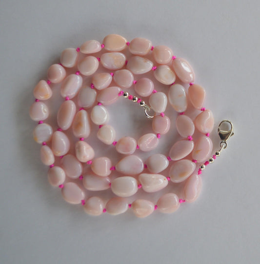 Pink Opal Smooth Nuggets Hand Knotted on Custom Fuchsia Silk and Finished with a Sterling Silver Lobster Clasp