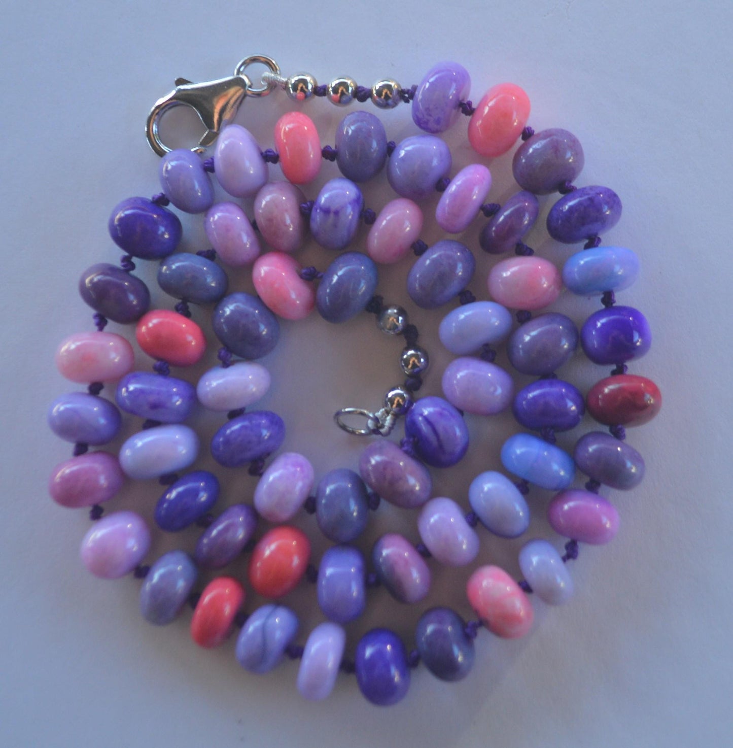 20" Purple, Lavender, Pink and Orange Opal Rondelle Gems Hand Knotted On Dark Purple Silk