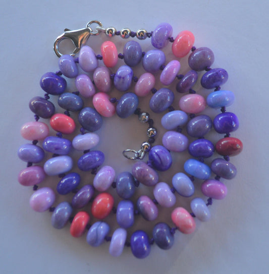 20" Purple, Lavender, Pink and Orange Opal Rondelle Gems Hand Knotted On Dark Purple Silk