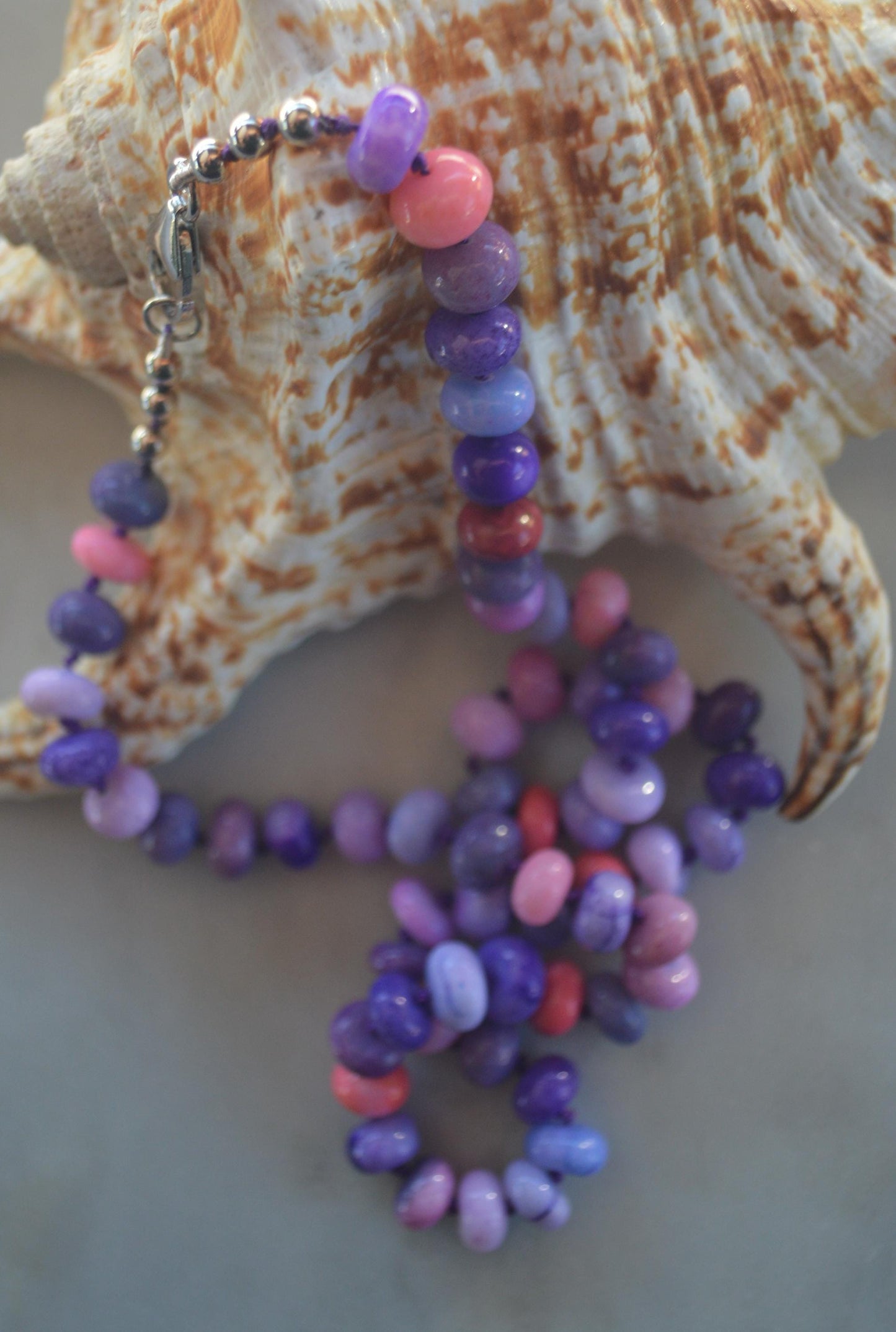 20" Purple, Lavender, Pink and Orange Opal Rondelle Gems Hand Knotted On Dark Purple Silk