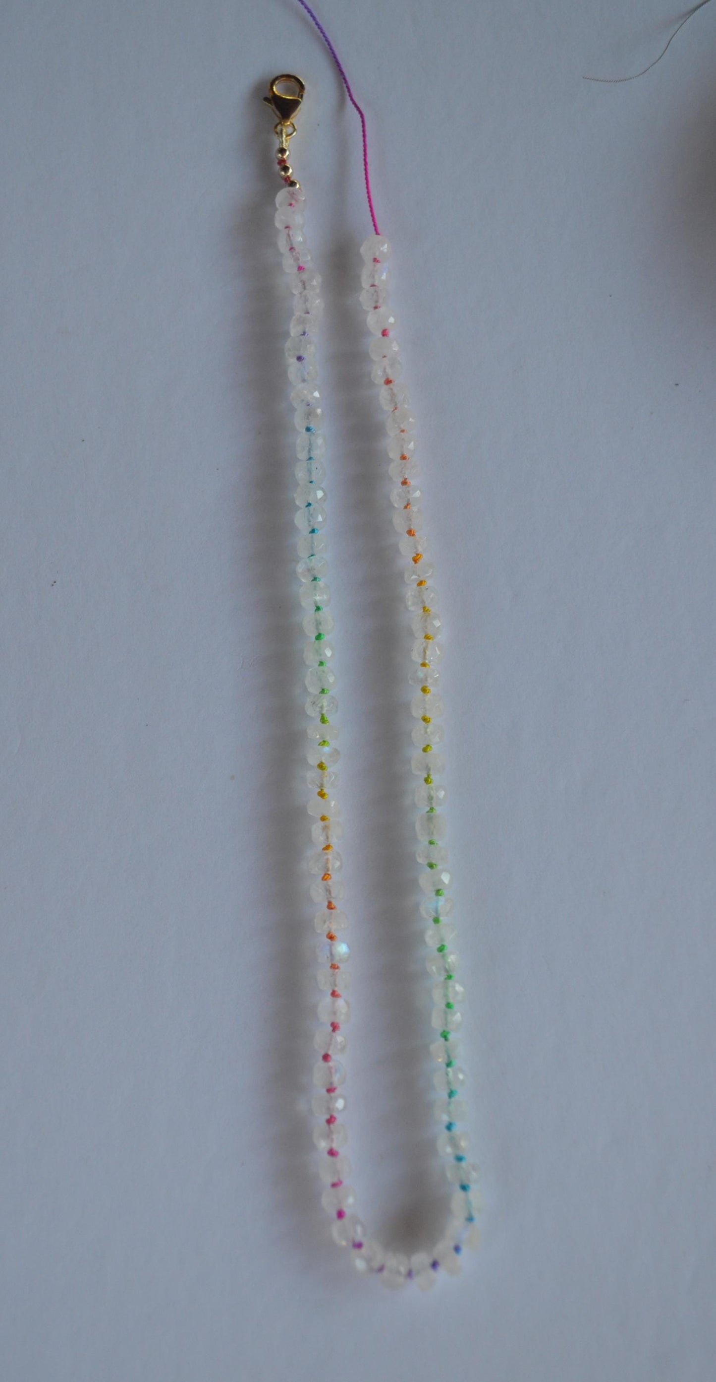 Rainbow Moonstone Necklace Hand Knotted on Multicolored Silk, Finished with GF Hand Forged Hook & Eye Clasp. 18"Long
