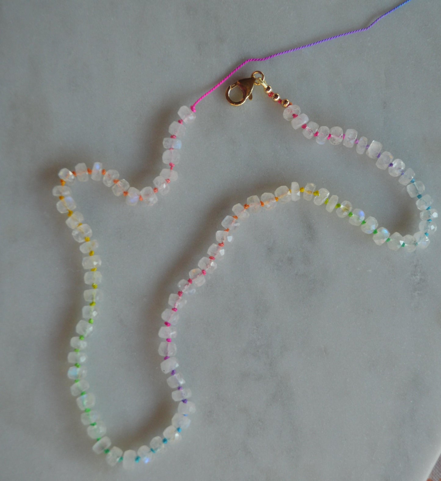 Rainbow Moonstone Necklace Hand Knotted on Multicolored Silk, Finished with GF Hand Forged Hook & Eye Clasp. 18"Long
