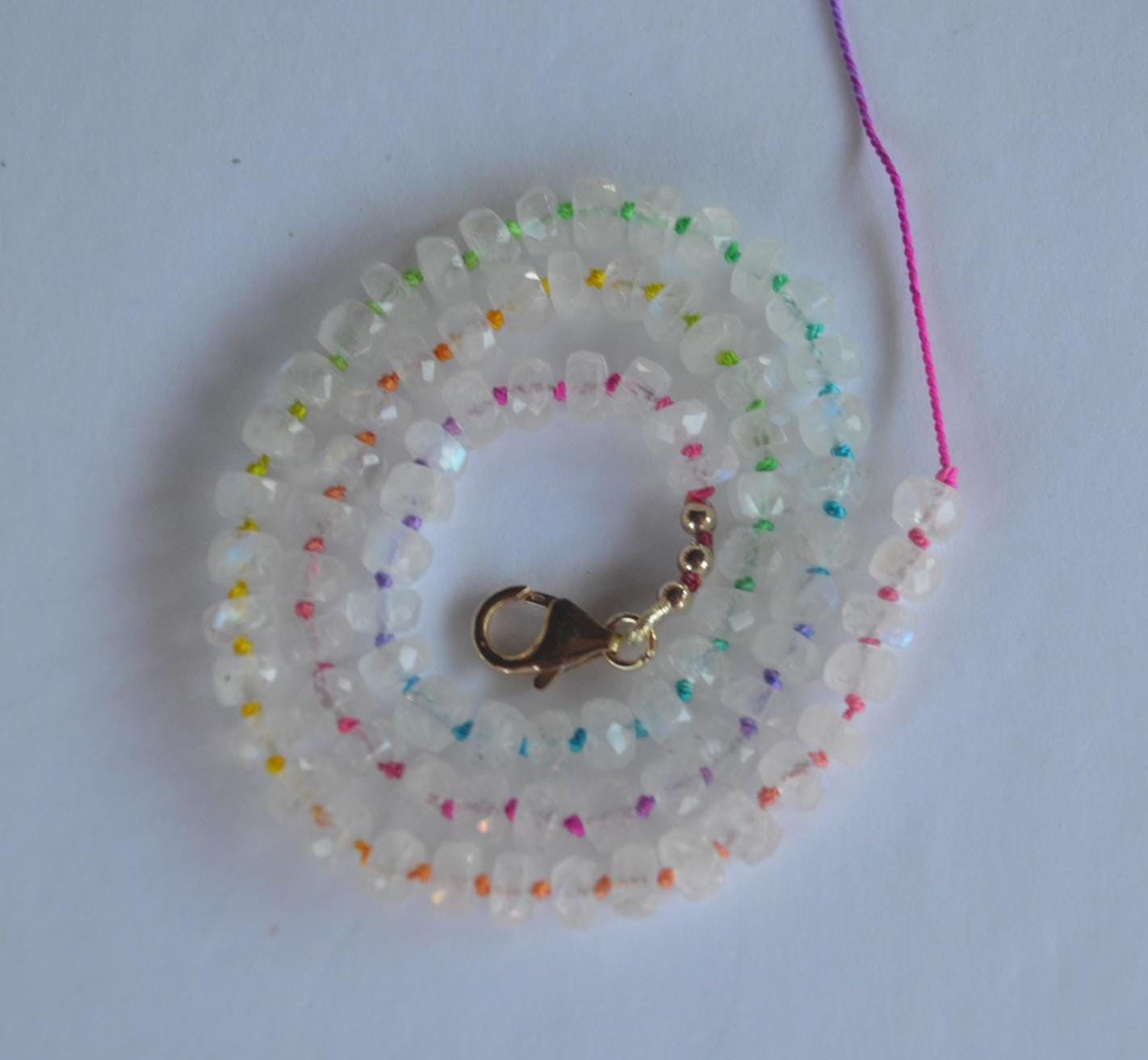 Rainbow Moonstone Necklace Hand Knotted on Multicolored Silk, Finished with GF Hand Forged Hook & Eye Clasp. 18"Long
