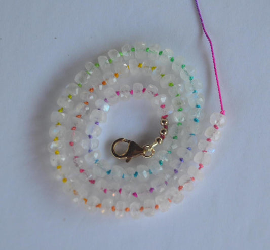 Rainbow Moonstone Necklace Hand Knotted on Multicolored Silk, Finished with GF Hand Forged Hook & Eye Clasp. 18"Long
